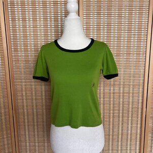 Vintage 90s green and navy blue Isabel Marant baby tee with embroidered palm tre